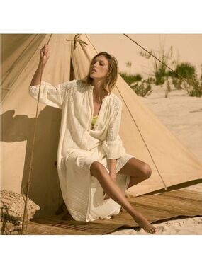 Zara Cream Crochet Openwork Embroidery Long Beach Cover-Up Dress S